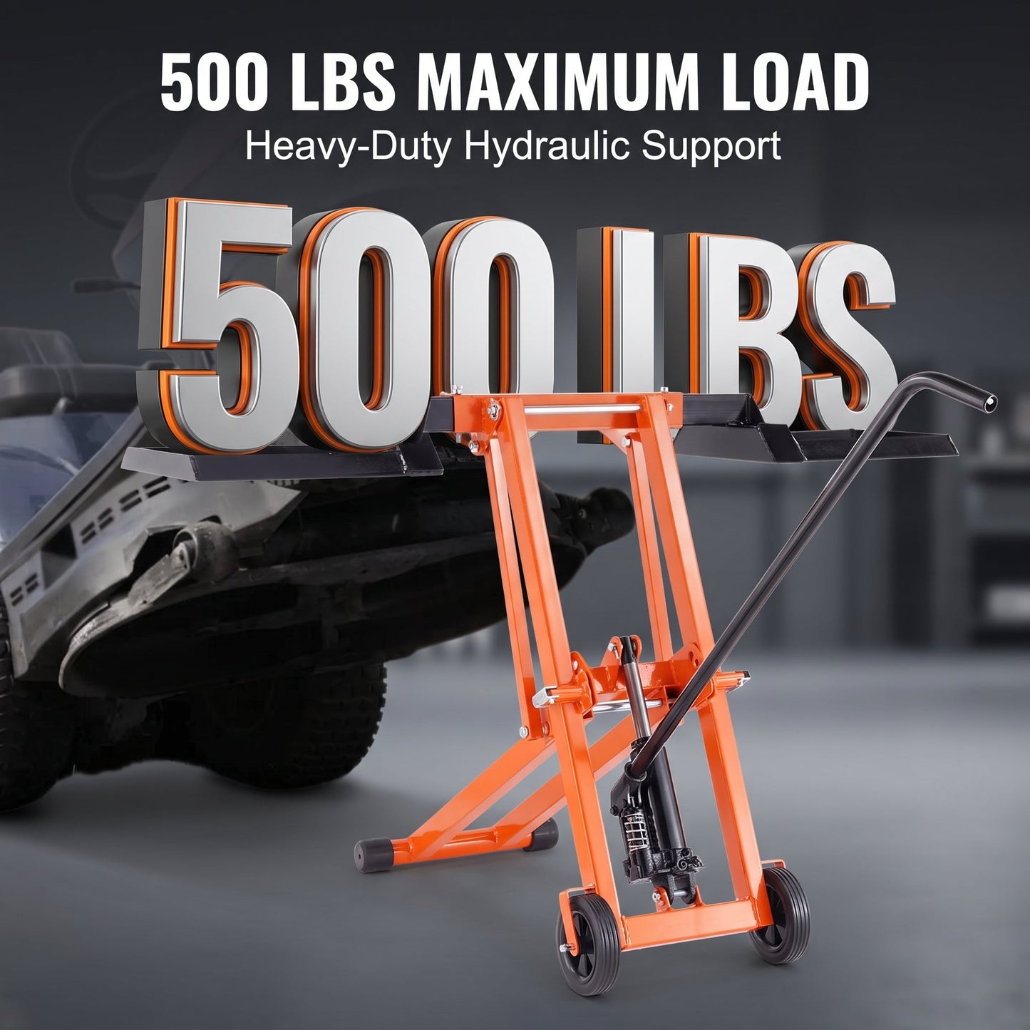 Hydraulic Lawn Mower Lift, 500 LBS Load Capacity, Solid Carbon Steel Construction, Adjustable Universal Lawn Lifter, Compatible with Riding Tractors, Zero-Turn Mowers & Utility ATVs, Orange