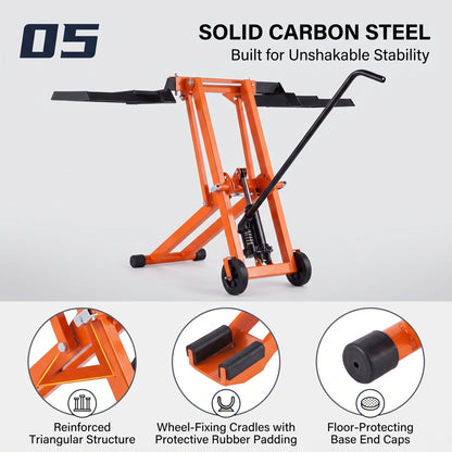 Hydraulic Lawn Mower Lift, 500 LBS Load Capacity, Solid Carbon Steel Construction, Adjustable Universal Lawn Lifter, Compatible with Riding Tractors, Zero-Turn Mowers & Utility ATVs, Orange