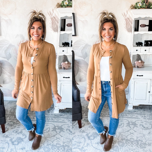 Best Deal Yet Shirred Waist Cardigan - Camel