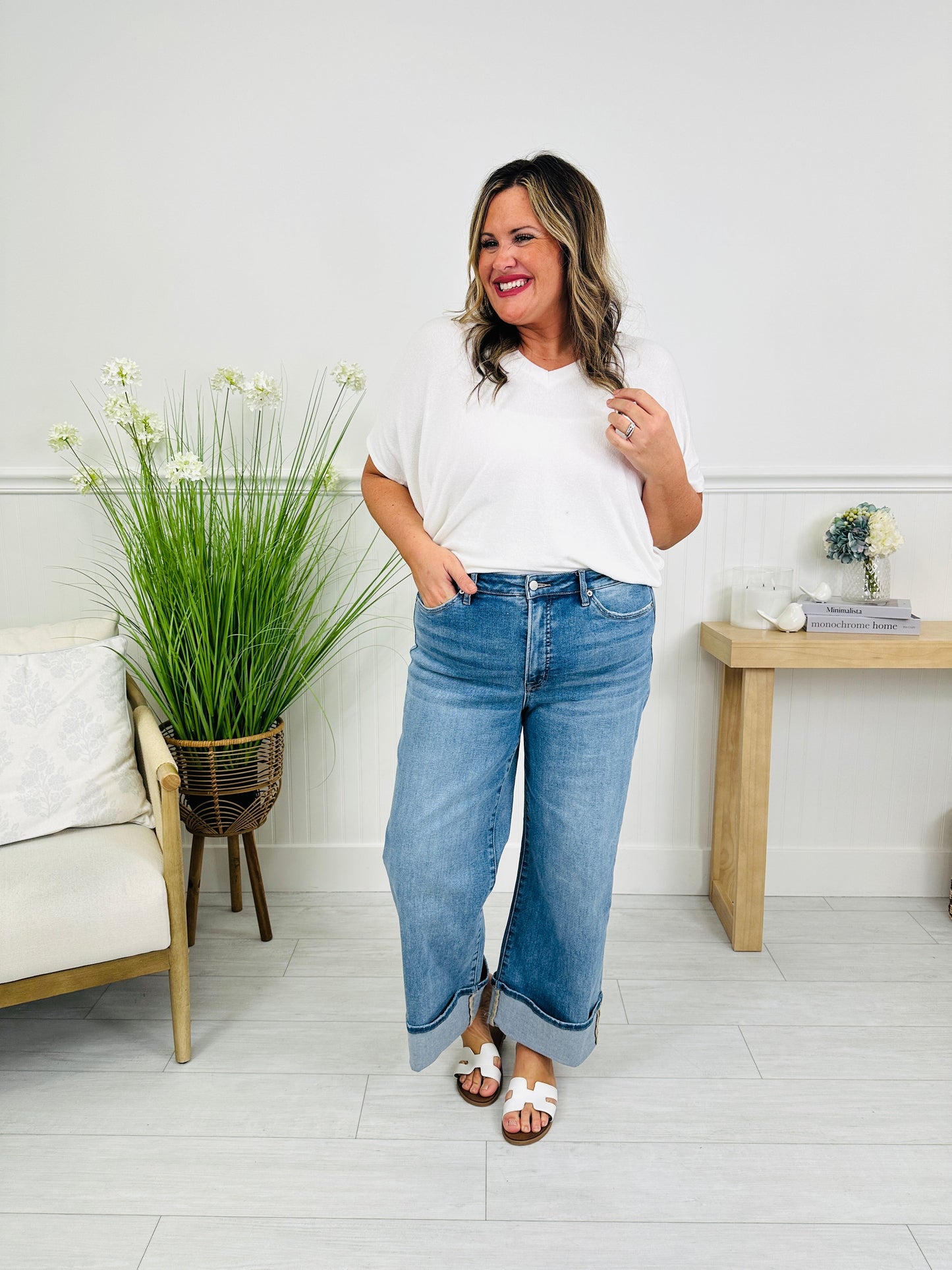 Off The Cuff Wide Leg Cuffed Tummy Control Cropped Jeans