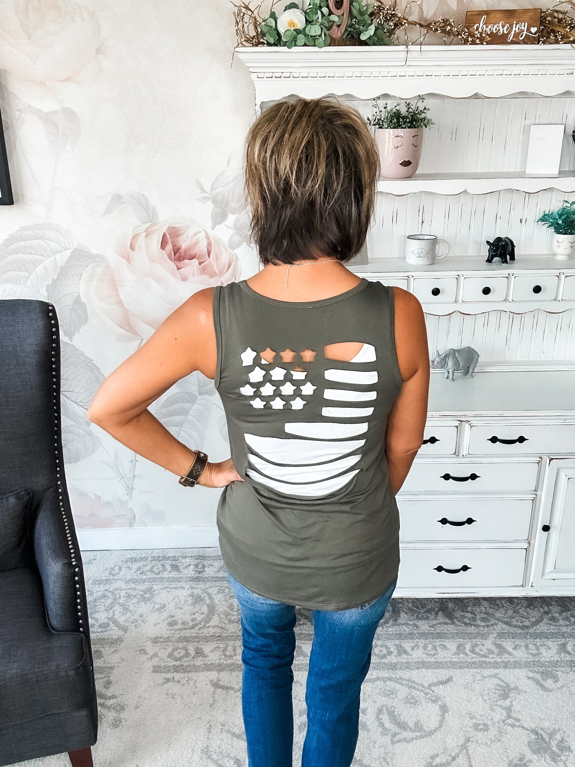American Flag Laser Cut Tank - Olive
