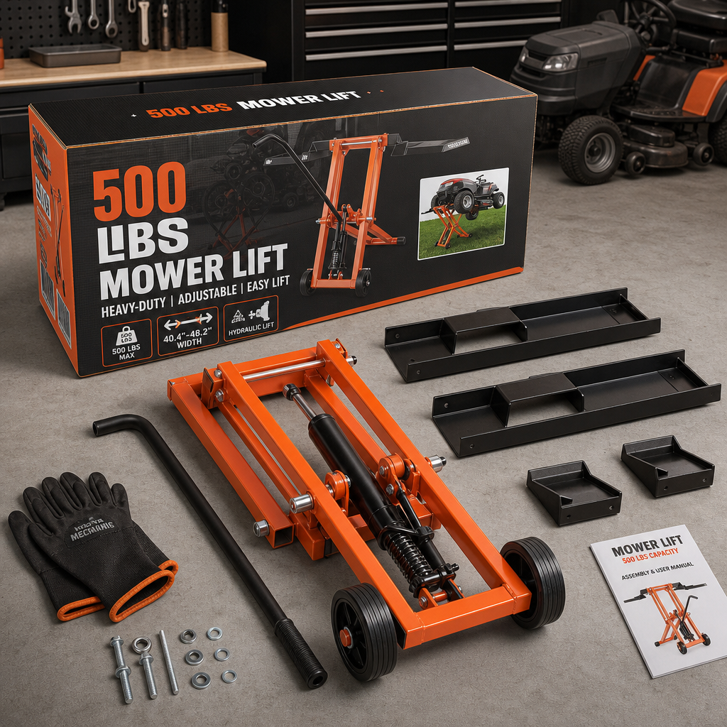 Hydraulic Lawn Mower Lift, 500 LBS Load Capacity, Solid Carbon Steel Construction, Adjustable Universal Lawn Lifter, Compatible with Riding Tractors, Zero-Turn Mowers & Utility ATVs, Orange