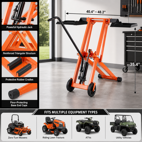 Hydraulic Lawn Mower Lift, 500 LBS Load Capacity, Solid Carbon Steel Construction, Adjustable Universal Lawn Lifter, Compatible with Riding Tractors, Zero-Turn Mowers & Utility ATVs, Orange